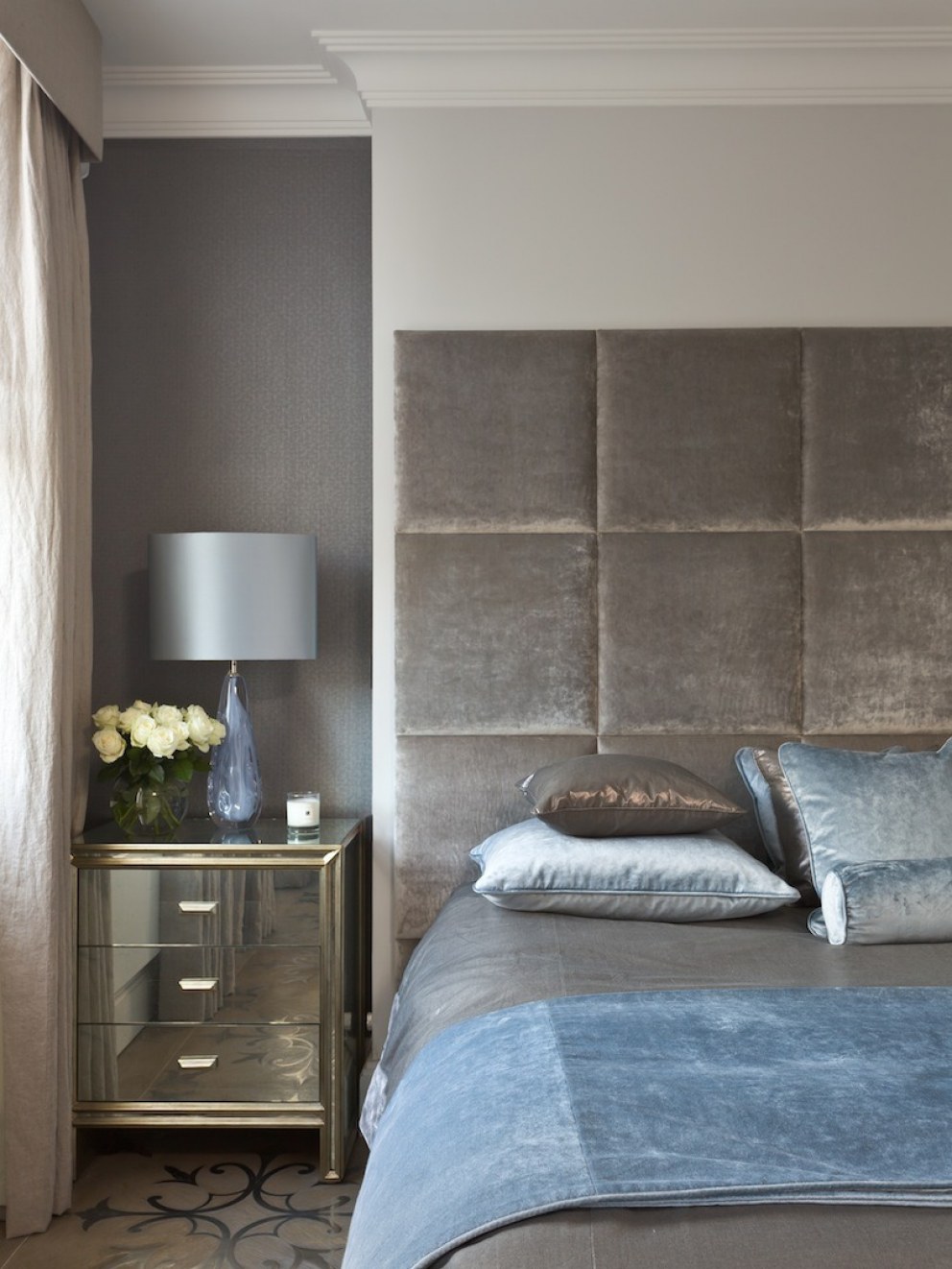 Master Bedroom, Bathroom & Dressing Room, Kensington | Mirrored bedside | Interior Designers